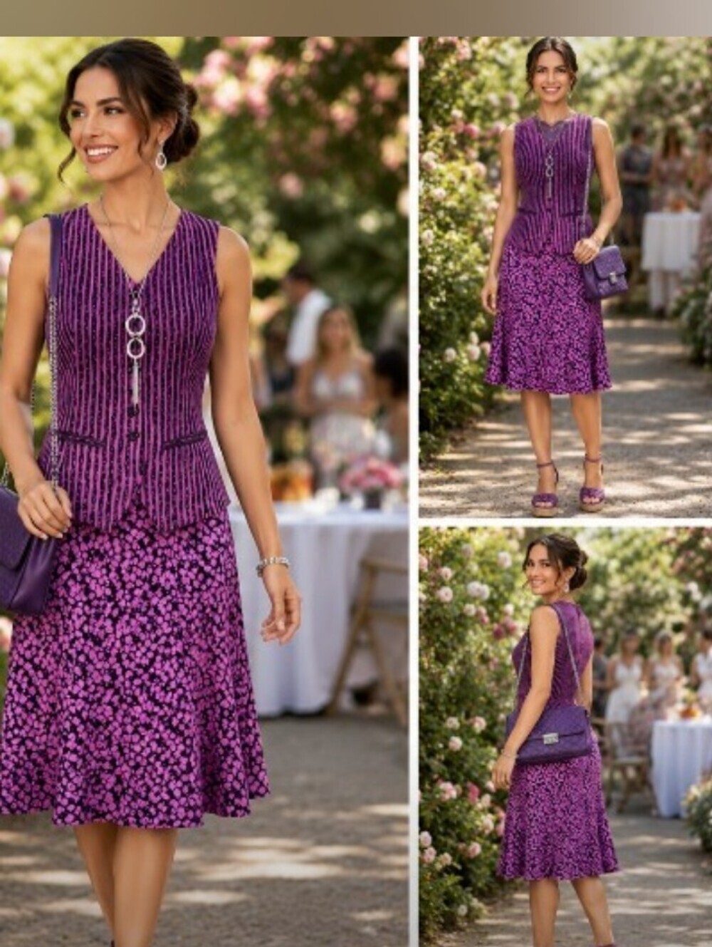FINAL OFFER! CARLISLE 6 SILK PURPLE & BLACK FIT & FLARE VEST SKIRT SET SUIT - Picture 2 of 11